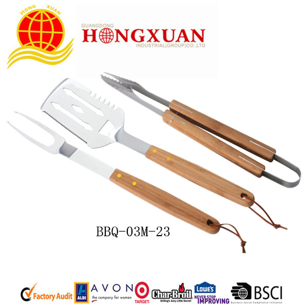 (BBQ-3M-23) 3PCS WOODEN HANDLE  BBQ TOOLS